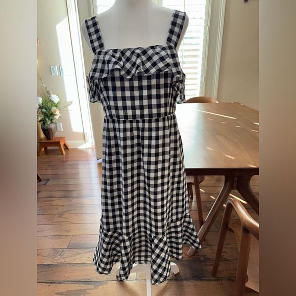 J.Crew Gingham Ruffle Midi Dress Size 12 Black White Check Cotton Lined Summer - Picture 2 of 11